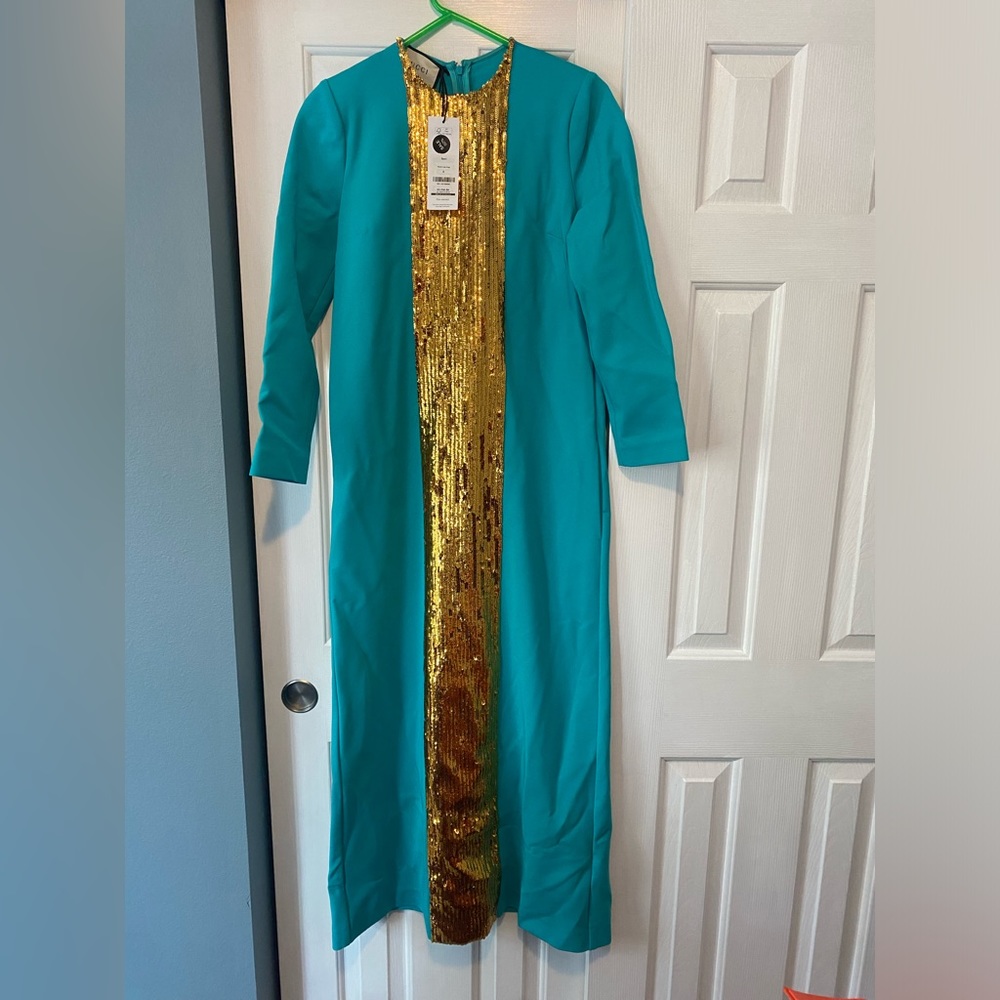 Turquoise and sequined long sleeve Gucci dress